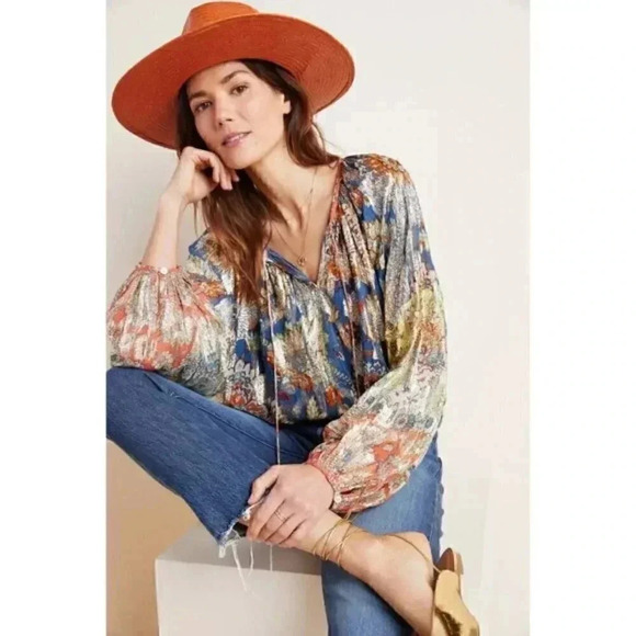 Anthropologie New Stephania Shimmer Peasant Blouse - Picture 2 of 5